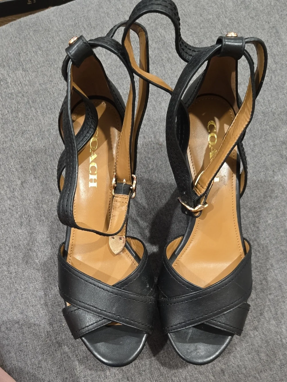 Coach Women's Black Leather Crisscross Ankle-Strap Heels